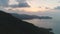 Sunset Thailand, silhouette mountain aerial view: ocean bay with coastline, Koh Phangan Island