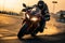 Sunset thrill Sport bike rider races on a high speed track