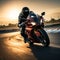 Sunset thrill Sport bike rider races on a high speed track