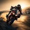 Sunset thrill Sport bike rider races on a high speed track