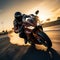 Sunset thrill Sport bike rider races on a high speed track