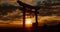 Sunset, torii gate and people in shrine, holy place and spiritual for worship, gods and religion. Evening, prayer and