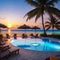 Sunset tourism landscape. Luxurious beach resort with swimming pool reflection beach chairs or loungers under