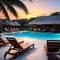 Sunset tourism landscape. Luxurious beach resort with swimming pool reflection beach chairs or loungers under