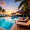 Sunset tourism landscape. Luxurious beach resort with swimming pool reflection beach chairs or loungers under