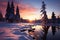 Sunset transforms the winter wonderland into a serene and enchanting scene