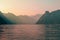 Sunset on Traunsee lake with alps mountain. Summer Austria landscape