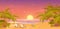 Sunset on tropical beach, tropic paradise vacation landscape, palm trees, setting sun