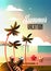 Sunset tropical palm beach balls view summer vacation seaside sea ocean flat vertical lettering