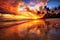 Sunset at tropical sand beach with dramatic clouds and palm tree silhouettes