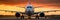 Sunset view of airplane on airport runway