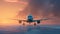 Sunset view of airplane on airport runway. Aviation technology and world travel concept. Generative AI. Illustration for banner,