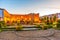 Sunset view of Archbishop palace viewed through gardens of Santa Barbara in Braga, Portugal