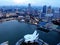 Sunset view of the ArtScience Museum, the Opera Esplanade Theater and the stands for the Singapore Formula 1 Grand Prix with a foo