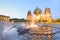 Sunset view of Berliner Dom with fountain in foreground. City Ca