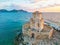 Sunset view of Bourtzi of Methoni Castle in Greece