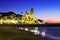 Sunset view of church at beach. Sitges