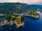 Sunset view of coastline of Paleokastritsa on Greek island Corfu