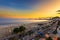 Sunset view of Copacabana beach and Avenida Atlantica in Rio de Janeiro