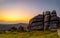 Sunset view of Dartmoor National Park, a vast moorland in the county of Devon, in southwest England