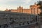 Sunset view of the facade of the Royal Palace of Madrid, Spain