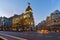 Sunset view of Gran Via and Metropolis Building in City of Madrid