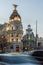 Sunset view of Gran Via and Metropolis Building Edificio Metropolis in City of Madrid, Spain