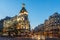 Sunset view of Gran Via and Metropolis Building Edificio Metropolis in City of Madrid, Spain