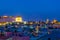 Sunset view of Jerusalem dominated by golden cupola of the dome of the rock, Israel