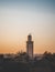 Sunset view of Koutoubia mosque in Marrakesh, Morocco. Panoramic view of Marrakech with the old part of town Medina and