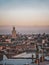 Sunset view of Koutoubia mosque in Marrakesh, Morocco with stork silhouette. Panoramic view of Marrakech with the old