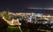 Sunset view of from the Louis Promenade on Mount Carmel to the upper terrace of the Bahai Temple, on the downtown and on the port