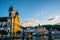 Sunset view in Lucerne with last sunray illuminating the beautiful Jesuit church in Lucerne old town Switzerland