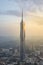 Sunset view of Merdeka tower with golden hour light