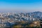 Sunset view of Namsan tower overlooking Gyeongbokgung palace and downtown Seoul, Republic of Korea