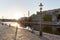 Sunset view over feskekorka at the harbor channel of Gothenburg