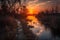 sunset view of pathway that leads to a lake with reflection of orange and yellow streaks in the sky