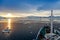 Sunset view and people gathered on the deck, Icebergs drifting