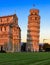 Sunset view of Pisa Cathedral Duomo di Pisa with the Leaning Tower of Pisa Torre di Pisa on Piazza dei Miracoli in Pisa, Tusca