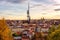 Sunset view of Prague from Vitkov hill with Zizkov television tower Zizkovsky vysilac, scenic cytiscape, Czech Republic