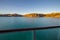 Sunset view of Prince Frederick Harbor in the remote Kimberley coast of Western Australia from a balcony stateroom of an anchored