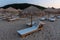 Sunset view of reed parasols at Shkorpilovtsi beach in Bulgaria.