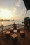 Sunset view from riverside cafe near the Dawn temple Bangkok riv