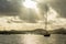 Sunset view of Rodney bay with yachts anchored in the lagoon, Saint Lucia, Caribbean sea