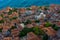 Sunset view of rooftops of Greek town Monemvasia