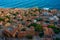 Sunset view of rooftops of Greek town Monemvasia