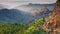 Sunset view from Roque Nublo over Gran Canaria, Canary islands, Spain. Tenerife island visible in the background. Gimbal