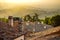 Sunset view of San Marino microstate and Emilia-Romagna region of Italy from the rooftops of the city of San Marino