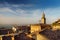 Sunset view of San Marino microstate and Emilia-Romagna region of Italy from the rooftops of the city of San Marino