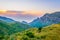 Sunset view of Serra Tramuntana mountain range at Mallorca, Spain